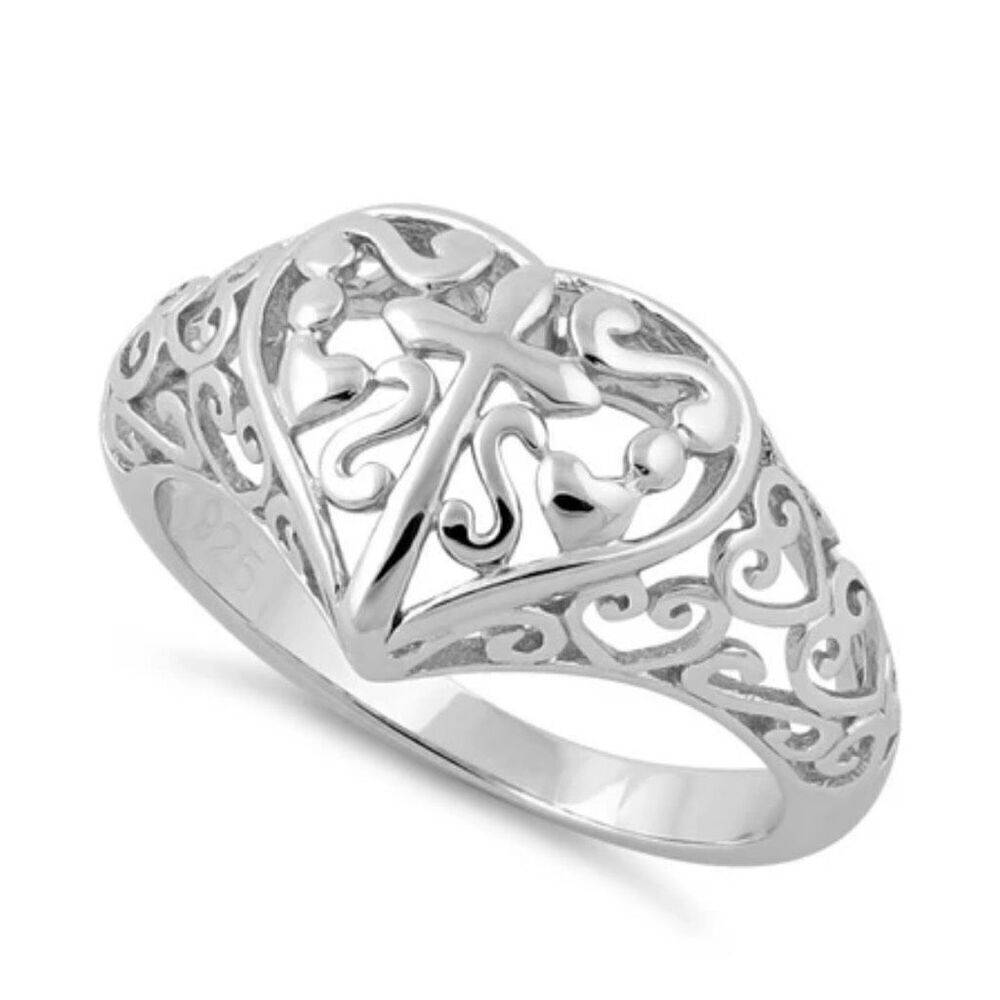 Sterling Silver Cross and Multiple Hearts Ring New